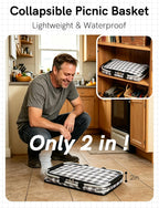 40L Insulated Picnic Basket, Black Plaid Insulated Collapsible Picnic Cooler Basket with Lid & 2 Handles, for Camping, Travel, Grocery & Food Delivery