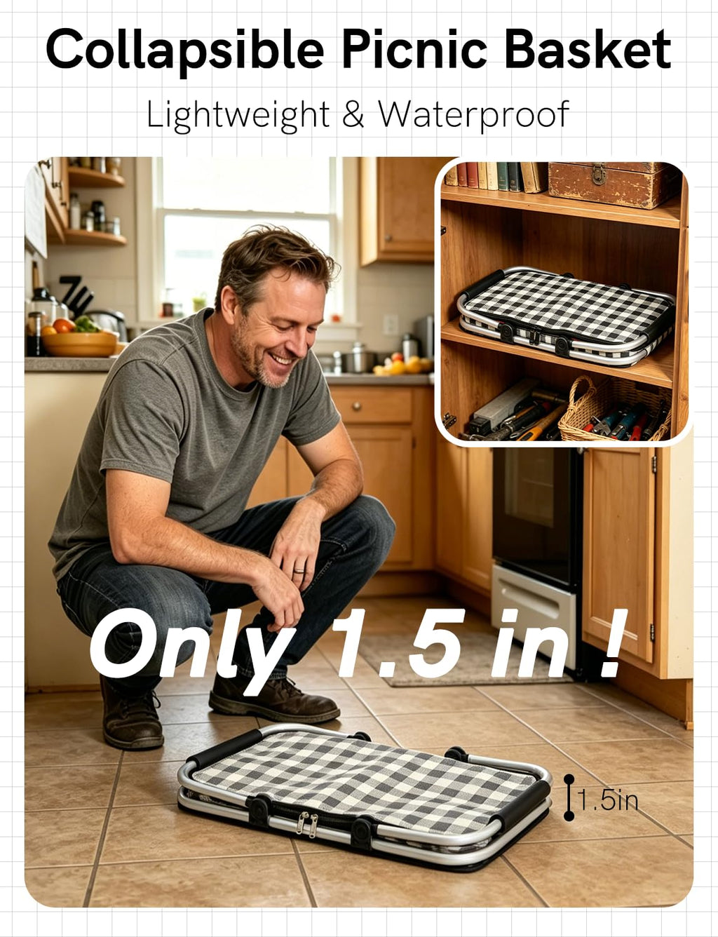 32L Insulated Picnic Basket, Black Plaid Insulated Collapsible Picnic Cooler Basket with Lid & 2 Handles, for Camping, Travel, Grocery & Food Delivery