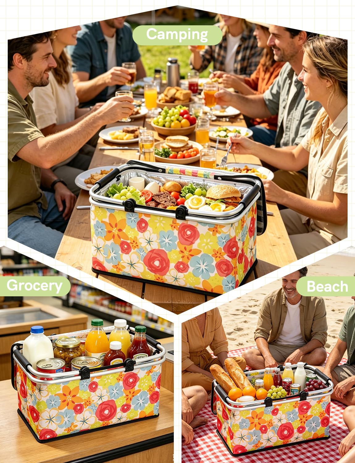 32L Insulated Picnic Basket, Flower Insulated Collapsible Picnic Cooler Basket with Lid & 2 Handles, for Camping, Travel, Grocery & Food Delivery
