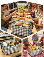 32L Insulated Picnic Basket, Black Plaid Insulated Collapsible Picnic Cooler Basket with Lid & 2 Handles, for Camping, Travel, Grocery & Food Delivery