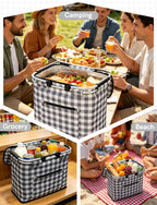 40L Insulated Picnic Basket, Black Plaid Insulated Collapsible Picnic Cooler Basket with Lid & 2 Handles, for Camping, Travel, Grocery & Food Delivery